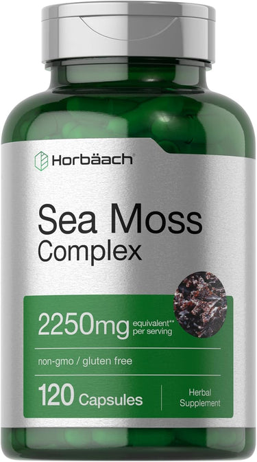 Bottle of Sea Moss Complex supplement with Horbaach branding on a white background
