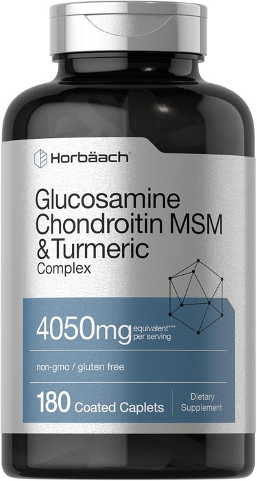 Supplement bottle labeled 'Glucosamine Chondroitin MSM & Turmeric Complex' by Horbaach on a white background.