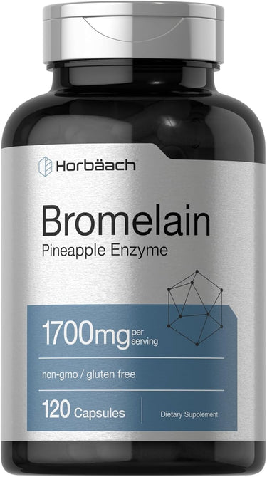 Bottle of Horbaach Bromelain Pineapple Enzyme supplement with 1700mg per serving, 120 capsules, non-GMO and gluten-free.