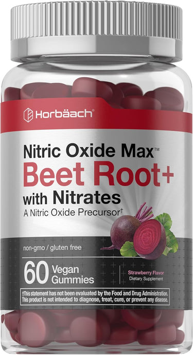 A bottle of Horbaach Nitric Oxide Max Beet Root Gummies, with a label showing the product name, quantity of 60 vegan gummies, and an image of beets. The bottle is transparent, revealing the pink gummy candies inside.