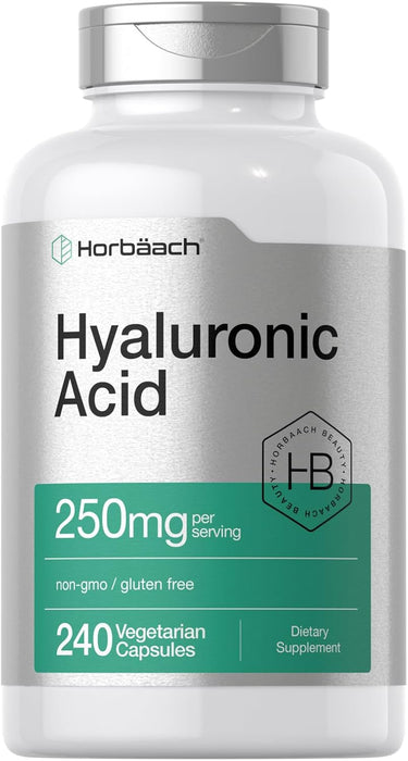 A bottle of Horbaach Hyaluronic Acid supplement with 250mg per serving, containing 240 capsules. The label indicates the product is non-GMO and gluten-free.