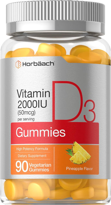 A bottle of Horbaach Vitamin D3 Gummies, with each serving providing 2000IU of Vitamin D. The gummies are pineapple flavored and the bottle contains 90 vegetarian gummy vitamins.