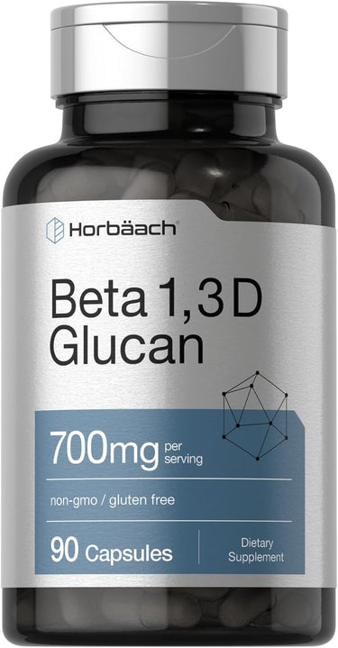 Supplement bottle labeled 'Beta 1,3D Glucan' by Horbaach on a white background