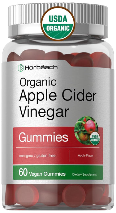 A bottle of Horbaach Organic Apple Cider Vinegar Gummies, with a label indicating USDA Organic and gluten-free, containing 60 vegan gummies in apple flavor.