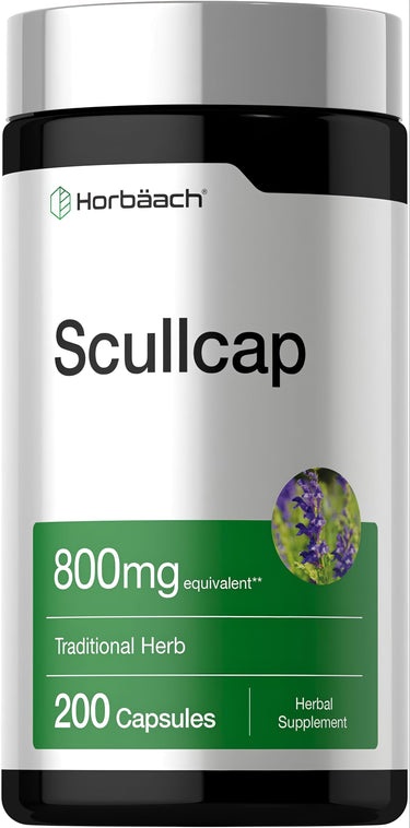 View 1 Herbal supplement bottle labeled Scullcap Herb 800 mg equivalent, containing 200 capsules.