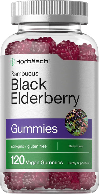 Bottle of Sambucus Black Elderberry gummies with label details.