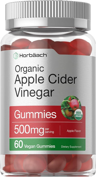 Horbaach Organic Apple Cider Vinegar Gummies packaging with red gummies inside.