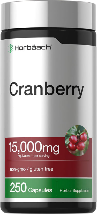 View 1 Horbäach Cranberry supplement with 15,000mg equivalent per serving, non-GMO, gluten-free, 250 capsules herbal formula.