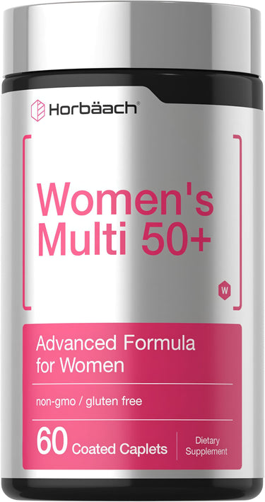 View 1 Horbaach Women's Multi 50+ bottle with 60 coated caplets, non-GMO and gluten-free vitamins.