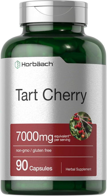 A bottle of Horbaach Tart Cherry supplement with 7000mg of tart cherry extract per serving, containing 90 capsules. The bottle is green with a white label that includes red and black text, and an image of a cherry.