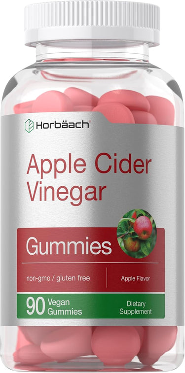 View 3 A bottle of Horbaach Apple Cider Vinegar Gummies containing 90 vegan gummies in pink and orange colors, marked as non-GMO and gluten-free.