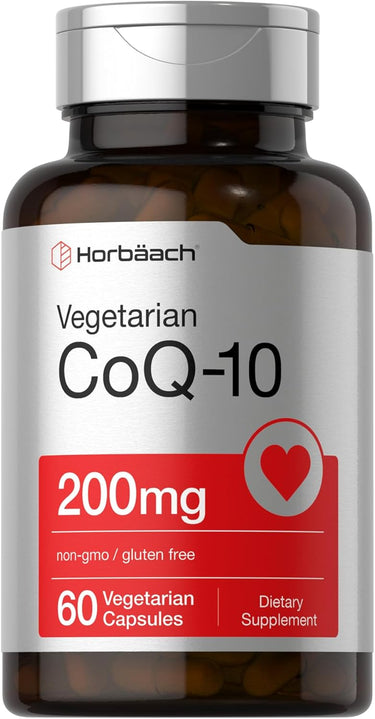 A bottle of Horbaach CoQ-10 dietary supplement containing 60 vegetarian capsules, each dose being 200mg.