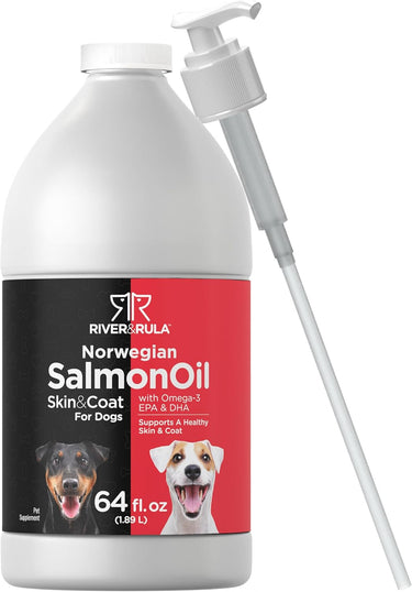 Bottle of Riversula Norwegian Salmon Oil for dogs with a pump on a white background