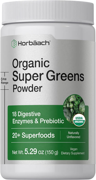 View 1 Organic Super Greens Powder, 5.29 oz (150 g). Contains 18 enzymes, prebiotics, and 20+ superfoods. Unflavored, vegan, USDA organic.