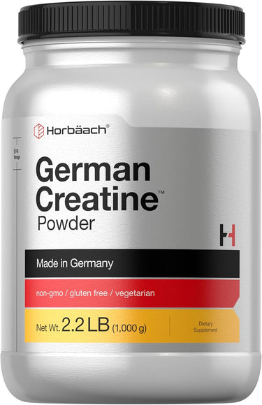 Jar of German Creatine Powder by Horbaach on a white background