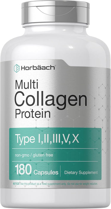 A bottle of Horbaach Multi Collagen Protein with 180 capsules. The label indicates the product contains types I, II, III, V, X collagen and is non-GMO, gluten-free.