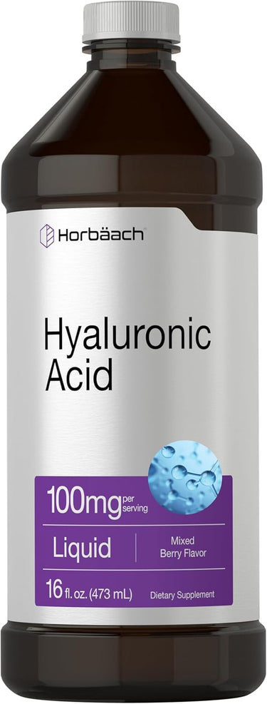 Bottle of Horbaach Hyaluronic Acid 100mg Liquid in a 16oz container with mixed berry flavor, vegan, gluten-free, and non-GMO.