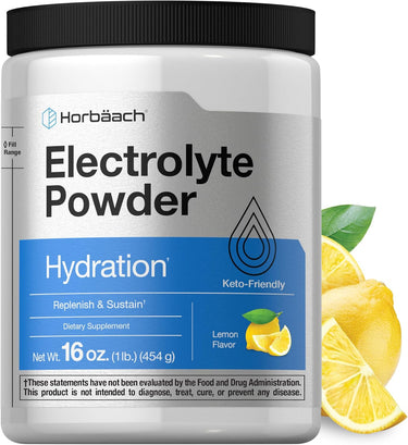 Horbaach Electrolyte Powder container with lemon slices on a white background