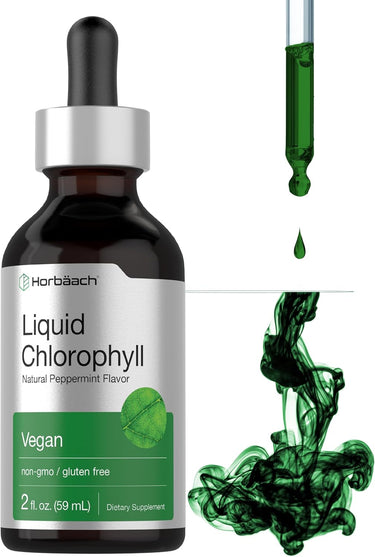 Horbaach Liquid Chlorophyll bottle with dropper and green liquid splash on a white background