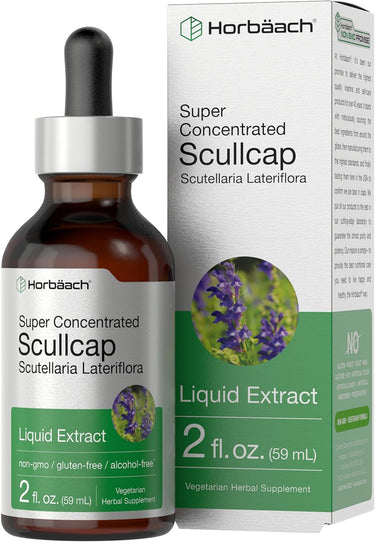 View 1 Horbaach Scullcap liquid extract bottle and packaging on a white background