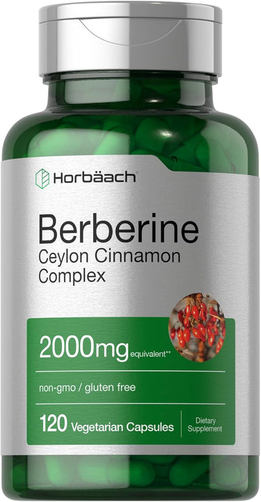 View 9 A bottle of Horbaach Berberine Ceylon Cinnamon Complex supplement with 2000mg dosage, containing 120 vegetarian capsules, non-GMO and gluten-free.