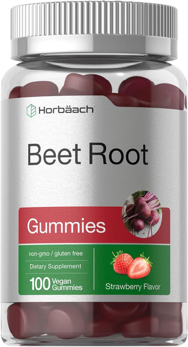 A bottle of Horbaach Beet Root Gummies with strawberry flavor, vegan, non-GMO, and gluten-free dietary supplement, containing 100 gummies.