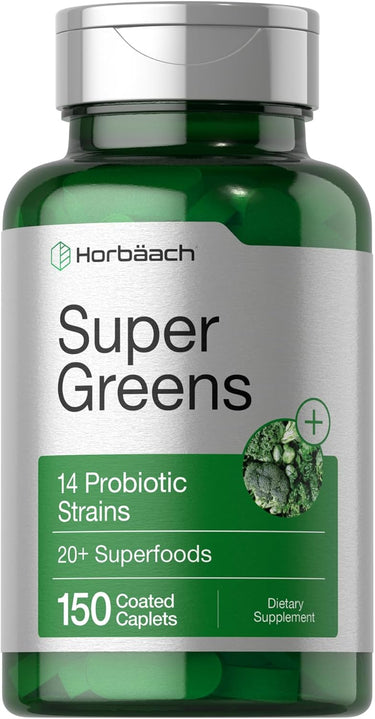 A bottle of Horbaach Super Greens supplement, featuring 14 probiotic strains and 20+ superfoods, with 150 coated caplets.