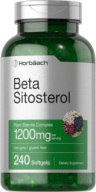 A bottle of Horbaach Beta Sitosterol supplement containing 240 softgel capsules, with a green label displaying the product information.