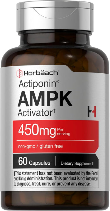 A bottle of Horbaach Actiprin AMPK Activator dietary supplement with 450mg per serving, non-GMO and gluten-free, containing 60 capsules.