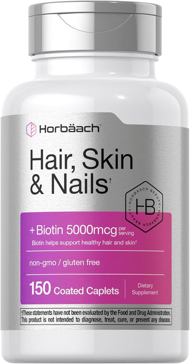 A bottle of Horbaach Hair, Skin & Nails Complex supplement with 150 coated caplets, featuring biotin and other vitamins.