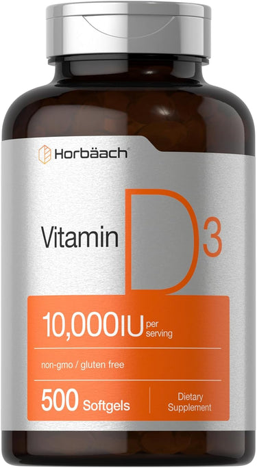 A bottle of Horbaach Vitamin D3 supplement with 10,000 IU per serving, containing 500 softgels, and labeled as non-GMO and gluten-free.