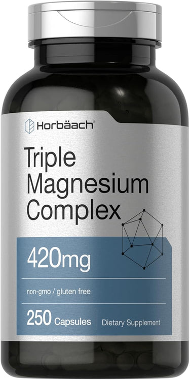 A bottle of Horbaach Triple Magnesium Complex dietary supplement with 420mg dosage and 250 capsules. The label indicates it is non-GMO and gluten-free.