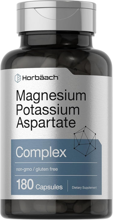 A bottle of Horbaach Magnesium Potassium Aspartate Complex containing 180 capsules, with a label indicating non-GMO and gluten-free.