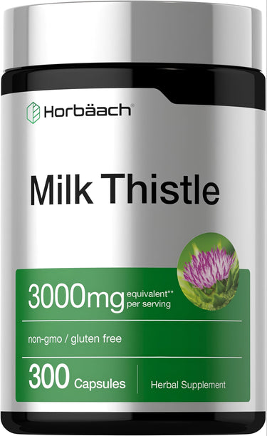 View 1 Horbaach Milk Thistle 3000 mg per serving, 300 Capsules. Non-GMO and gluten-free herbal supplement.