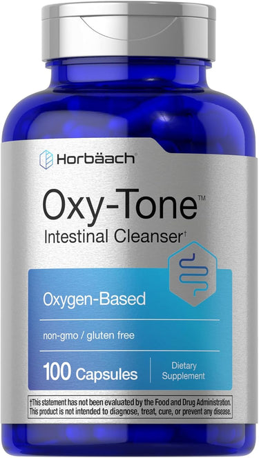 View 1 Blue supplement bottle labeled 'Oxy-Tone Intestinal Cleanser' by Horbaach on a white background.