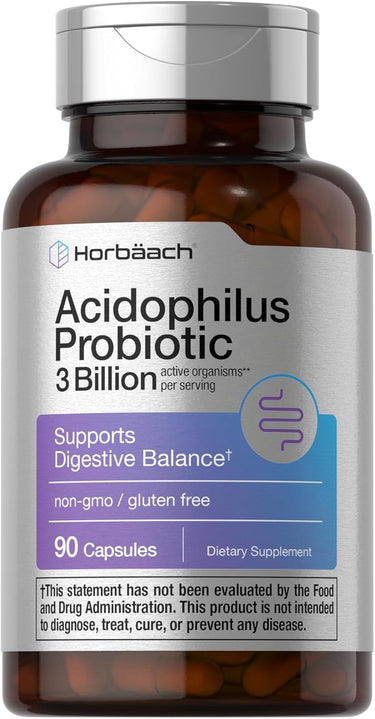 A bottle of Horbaach Acidophilus Probiotic with 3 billion active organisms per serving, containing 90 capsules. The label indicates the product is gluten-free and non-GMO.
