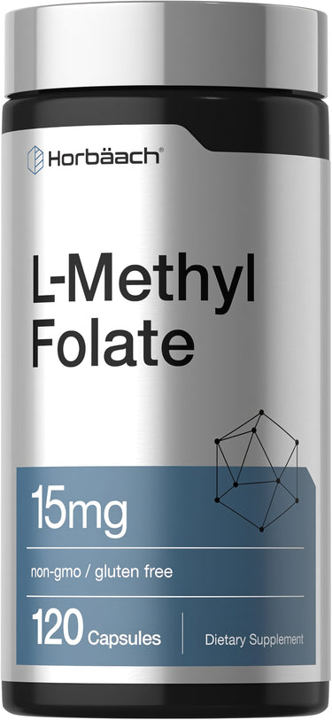 View 1 L-Methyl Folate supplement containing 15mg, available in a bottle of 120 capsules for nutritional support.