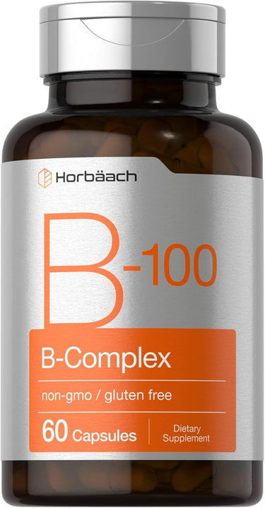 Horbaach B-100 B-Complex supplement bottle on a white background