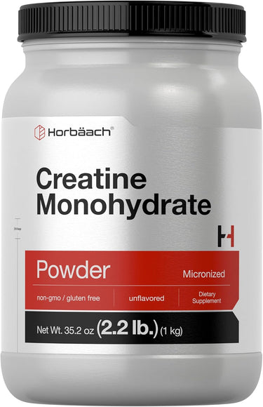 Horbaach Creatine Monohydrate Powder container with black lid on a white background