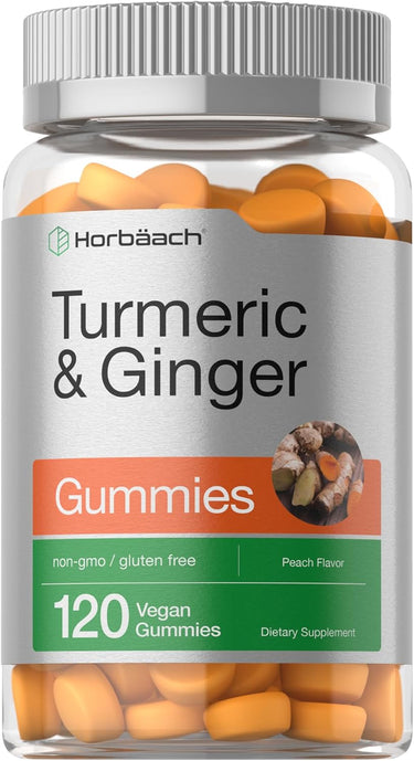 A bottle of Horbaach Turmeric & Ginger Gummies, with 120 peach-flavored, non-GMO, gluten-free, vegan gummy candies inside.