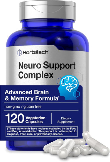 Bottle of Horbaach Neuro Support Complex supplement with capsules on a white background