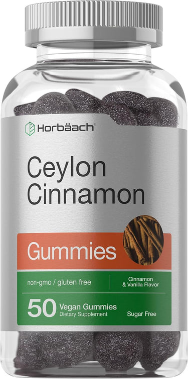 A bottle of Horbaach Ceylon Cinnamon Gummies, featuring 50 vegan gummies that are sugar-free and gluten-free, with a cinnamon and vanilla flavor.