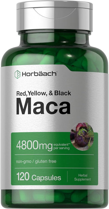 Bottle of Horbaach Maca Root supplement with 4800mg per serving, 120 capsules, non-GMO and gluten-free.