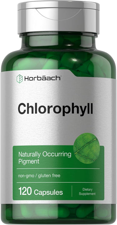 A bottle of Horbaach brand Chlorophyll supplement with 120 capsules. The bottle is green with a white label that has green text and accents.