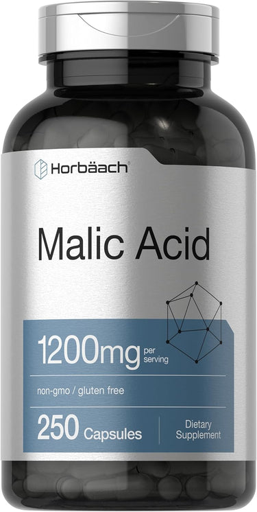 A bottle of Horbaach Malic Acid supplement with 1200mg per serving and 250 capsules, indicating non-GMO and gluten-free ingredients.