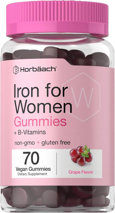 A bottle of Horbaach Iron for Women Gummies in grape flavor, containing 70 vegan gummies, non-GMO and gluten-free.