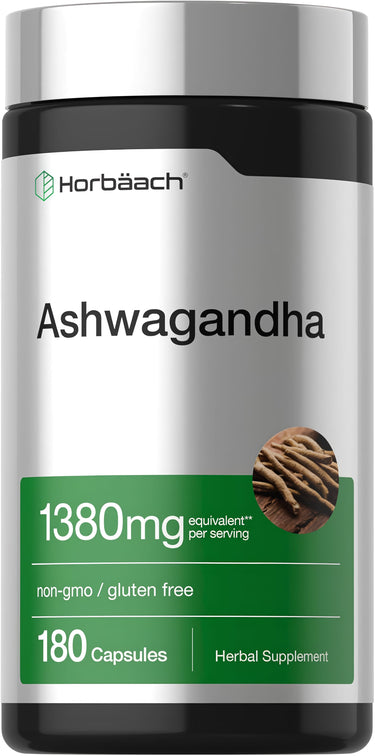 View 1 Horbäach Ashwagandha 1380 mg per serving, 180 capsules, herbal supplement bottle image.