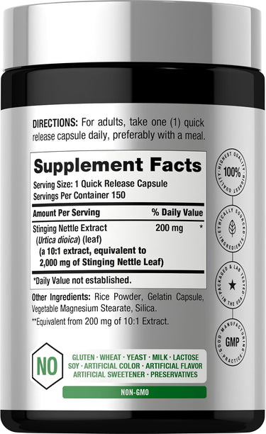 View 2 Supplement Facts panel for Horbaach Stinging Nettles 2000 mg, 150 capsules, displaying nutritional information.