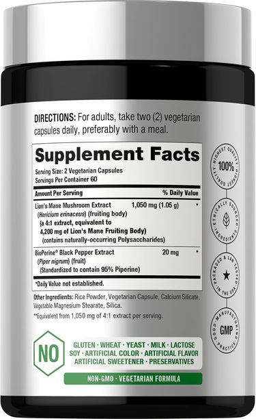 View 2 Supplement Facts panel showing Lion's Mane 4200 mg with 120 capsules.