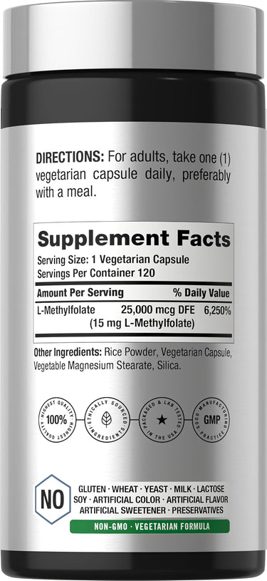 View 2 Horbaach L-Methylfolate 15 mg with 120 vegetarian capsules depicted in product image.